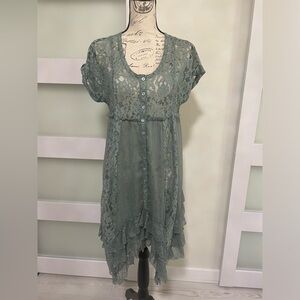 🪸 Free People Prairie Ruffle Dress lace light green dress SZ small EUC